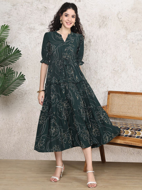 Claura Floral Printed Tiered Fit & Flare Midi Dress