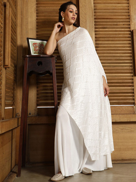 QISSA One Shoulder Asymmetrical-Pleated Neck Top With Trousers Co-Ords