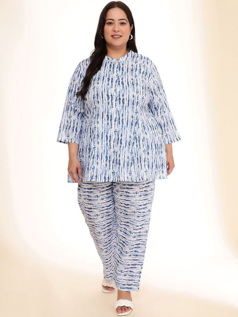 Sztori Printed Mandarin Collar Neck Neck Top With Trousers Co-Ords