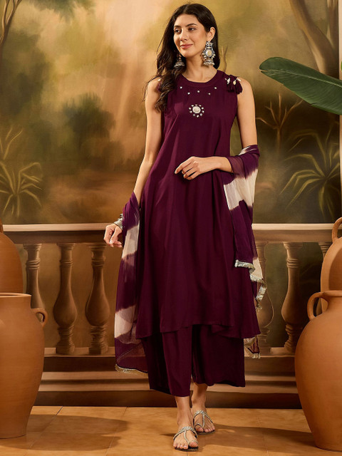 Sangria Embroidered A-Line Kurta & Palazzo With Dupatta