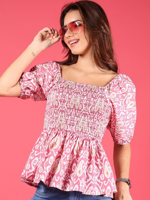 LIMEROAD Women Floral Print Puff Sleeve Smocked Cotton Top