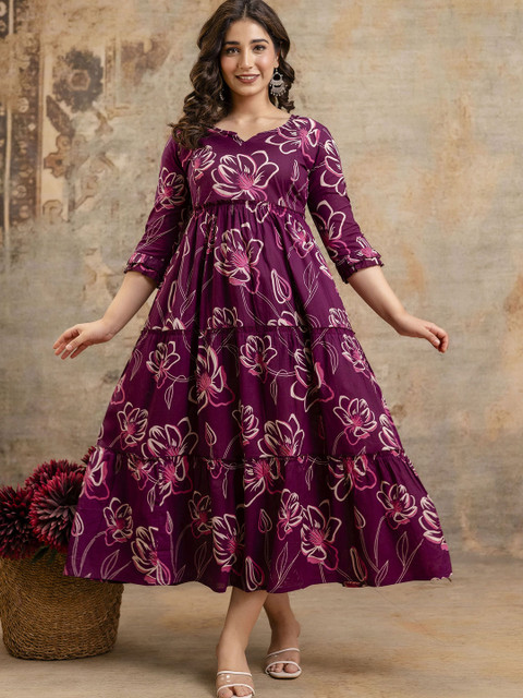 VARICOS Pure Cotton Printed Pregnancy Wear Maternity Maxi Dress With Nursing Zipper