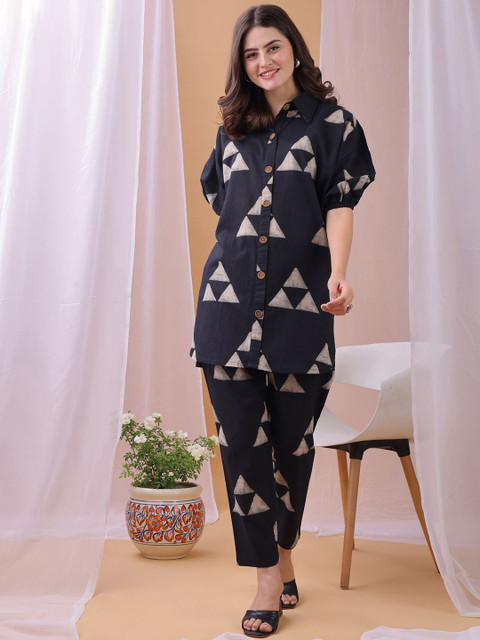 KALINI Printed Shirt-Collar Top With Trousers Co-Ords