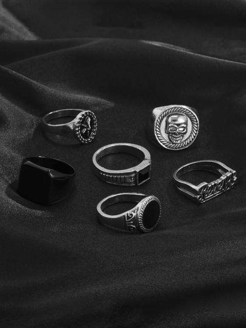 StyleCast x Revolte Men Set Of 6 Silver-Plated Stones-Studded Finger Rings