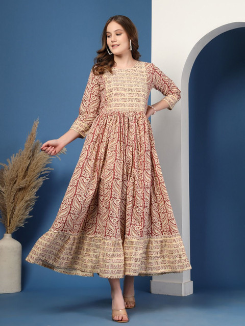 RANGEELO JAIPUR Floral Printed Thread Work Maternity Anarkali Kurta