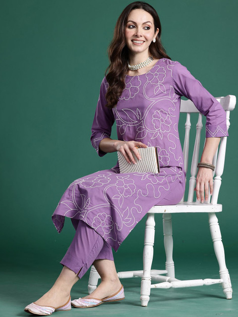 Indo Era Embroidered Pure Cotton Top With Trousers Co-Ords