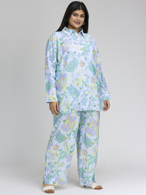 Sizeupp Printed Collar Neck Plus Size Shirt & Trouser Co-Ords