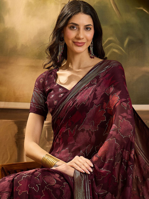 Sangria Floral Printed & Embellished Saree With Blouse Piece