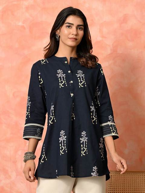 Sangria Women Ethnic Motif Printed Cotton Mandarin Collar A-Line Kurti