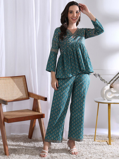Asami Floral Printed Pure Cotton V-Neck Top With Trousers Co-ords