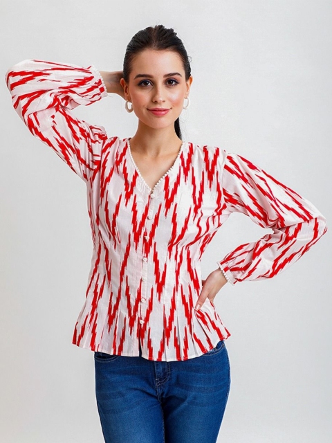 Golden Mirror Abstract Printed V-Neck Long Sleeves Cotton Tops