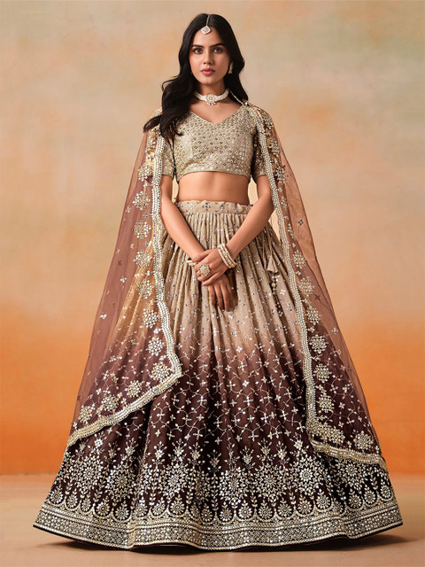 FABPIXEL Embroidered Sequinned Semi-Stitched Lehenga & Unstitched Blouse With Dupatta