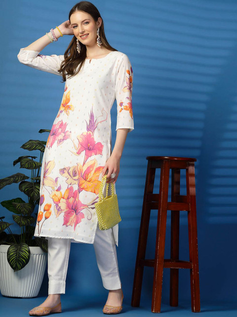 Sangria Floral Printed Notch Neck Pure Cotton Straight Kurta