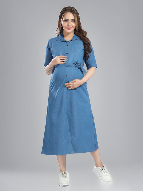 MomsBae Women Shirt Collar A-Line Maternity Dress