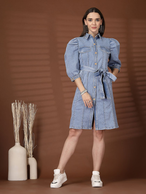 plusS Shirt Collar Puff Sleeves Knee Length Shirt Dress