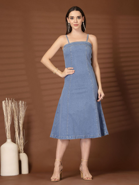 plusS Women Shoulder Straps Denim A-Line Midi Dress