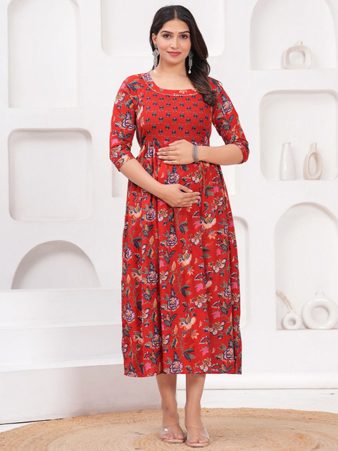 FEMARY Women Floral Printed Maternity A-Line Midi Dress