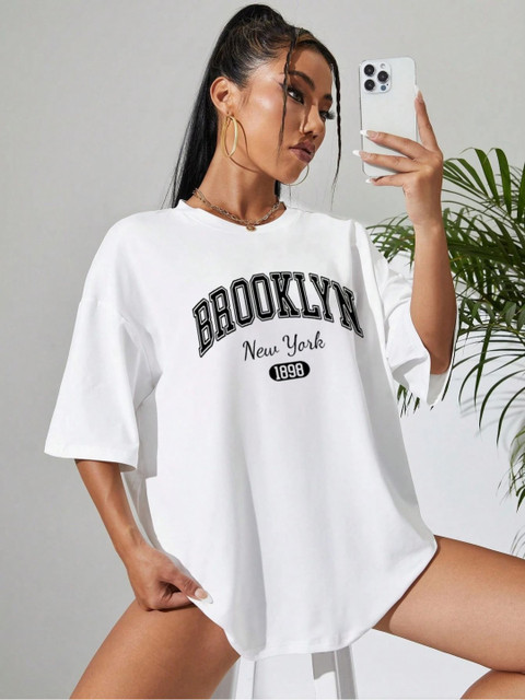 SZN Women Graphic Printed Oversized Drop-Shoulder Sleeves Longline T-shirt