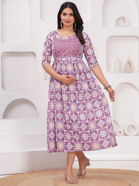 FEMARY Women Geometric Printed Pleated Maternity A-Line Midi Dress