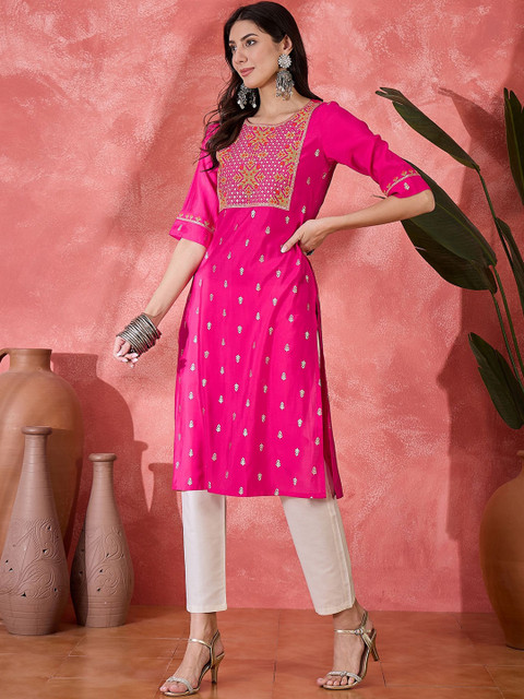 Sangria Women Cotton Embroidered Printed Straight Kurta - Image 3