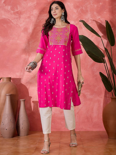 Sangria Women Cotton Embroidered Printed Straight Kurta - Image 6