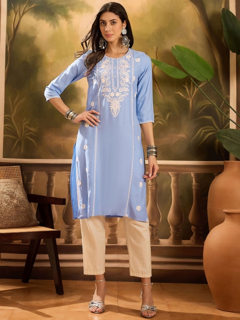 Sangria Floral Embroidered Chikankari Round Neck Straight Kurta