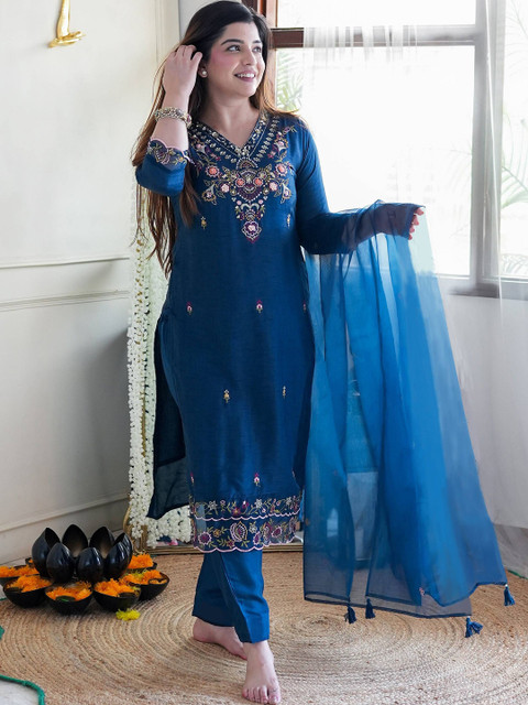 Kedar Fab Floral Embroidered Beads & Stones V-Neck Straight Kurta With Trousers & Dupatta