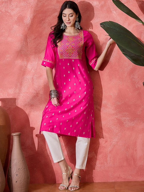 Sangria Women Cotton Embroidered Printed Straight Kurta