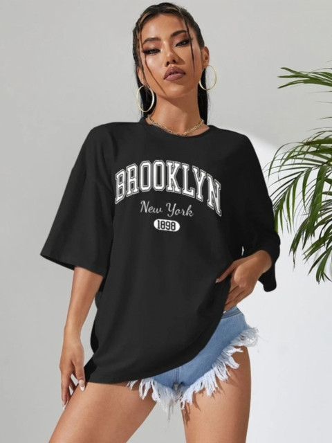SZN Women Typography Printed Round Neck Cotton Oversized T-shirt
