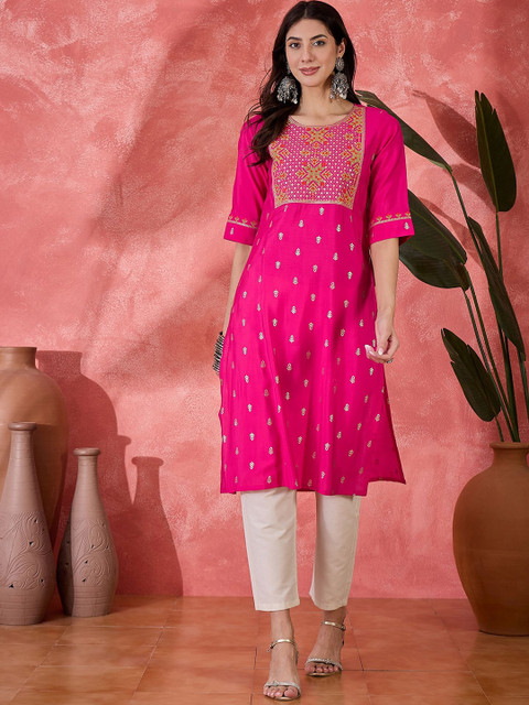 Sangria Women Cotton Embroidered Printed Straight Kurta - Image 5