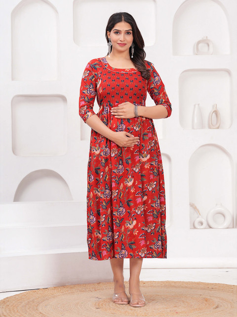 mad fury Women Floral Print Maternity A-Line Midi Dress