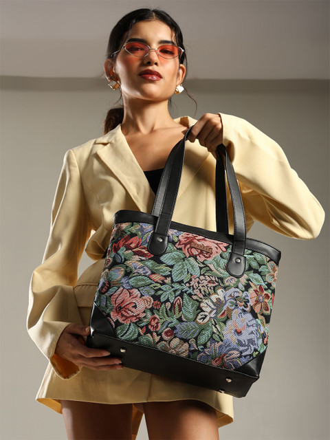 ENSAC Women Cotton Floral Structured Tote Shoulder handbag
