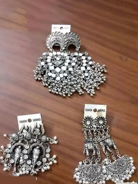 Sangria Set Of 3 Silver Plated Artificial Stones Studded & Beaded Oxidised Drop Earrings