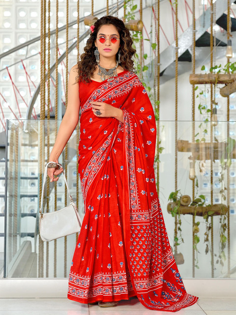 KALINI Floral Block Printed 1-Minute Ready to Wear Mulmul Cotton Saree With Blouse