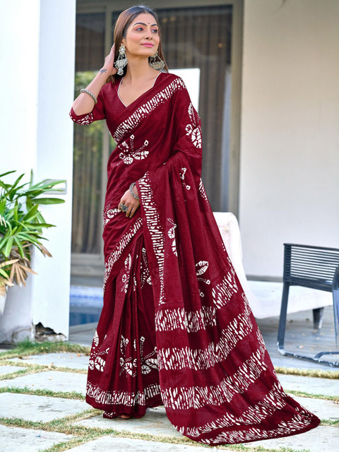 KALINI Floral Block Printed 1-Minute Ready to Wear Mulmul Cotton Saree With Blouse