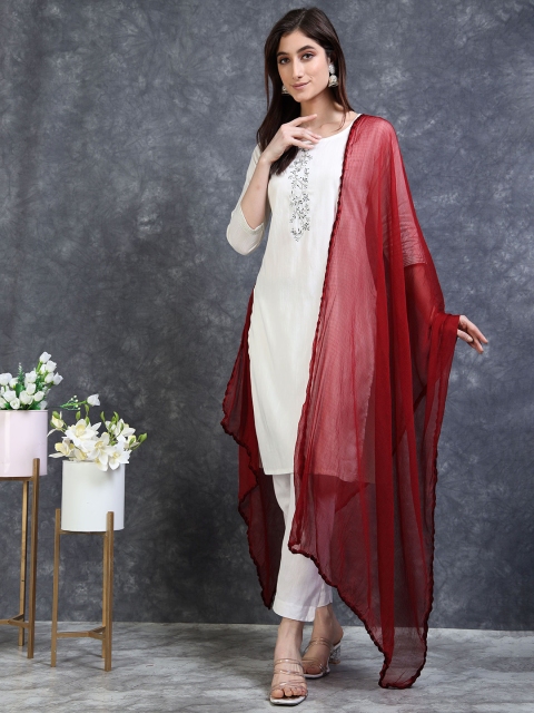 MIRAAN Chiffon Maroon Dupatta With Woven border - Image 6