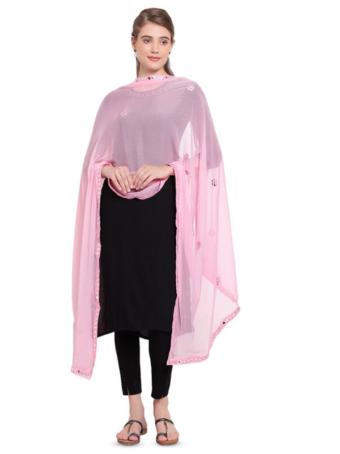 Karthav Fashion Floral Embroidered Mirror Work Chiffon Barfi Dupatta