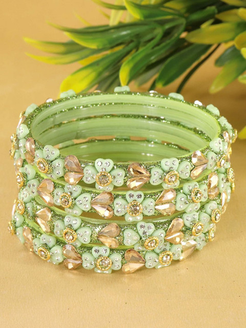 ZULKA Set Of 4 Zircon Gemstones & Kundan Beads Bangles