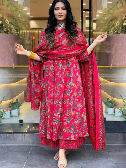 GoSriKi Floral Printed V-Neck Anarkali Kurta With Palazzos & Dupatta