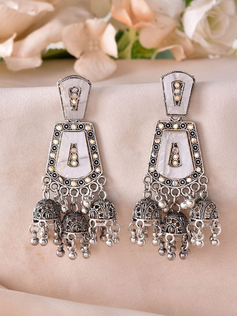 Sangria Silver-Plated Artificial Stones Studded and Beads Beadded Drop Earrings