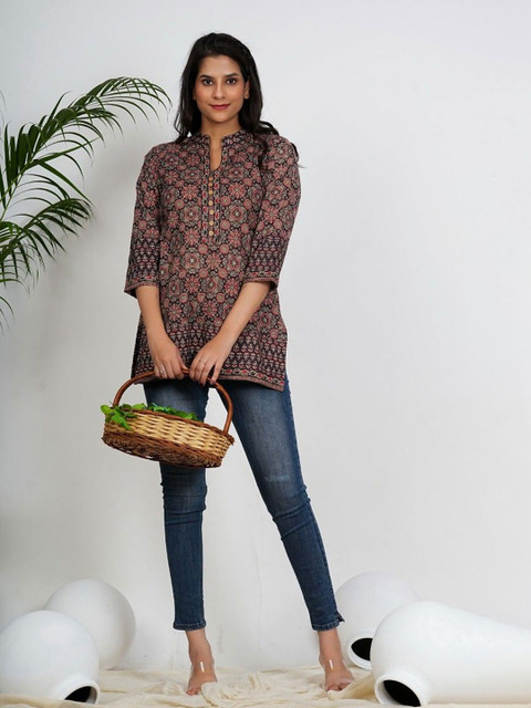 KALINI Women Floral Print Mandarin Collar Cotton Top