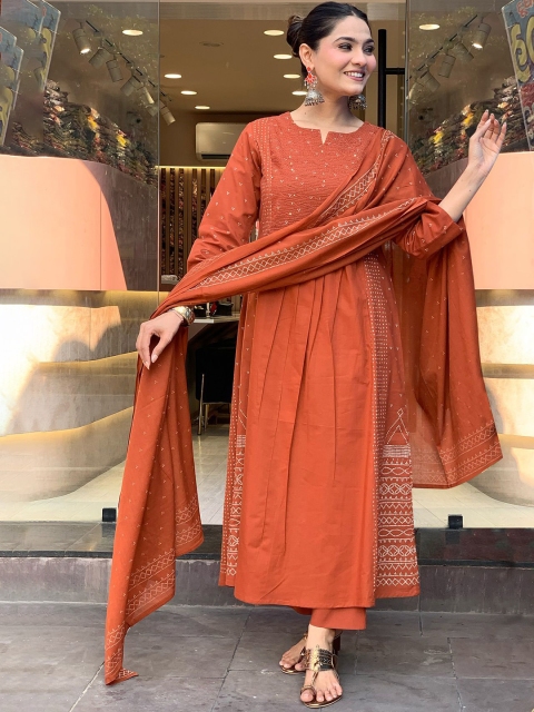 GoSriKi Women Printed Regular Thread Work Kurta with Palazzos & With Dupatta