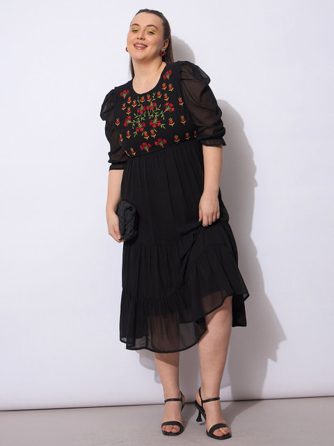 SASSAFRAS Curve Plus Size Embroidered Puff Sleeves Georgette Fit and Flare Midi Dress