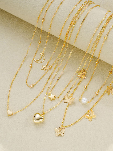 YouBella Set of 6 Gold-Plated Beaded Heart & Butterfly Shaped Chains