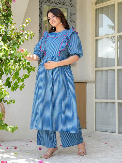 Aujjessa Women Aujjessa Indigo Cotton Printed Maternity Feeding Flared Kurta Set - Image 3