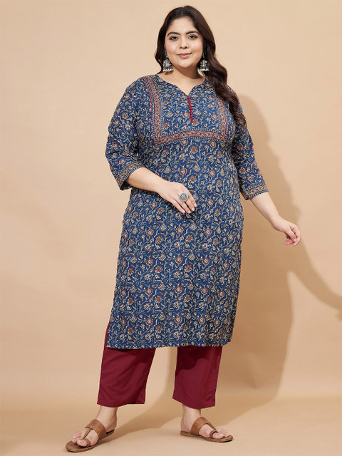 KALINI Plus Size Floral Printed Notch Neck Straight Pure Cotton Kurta