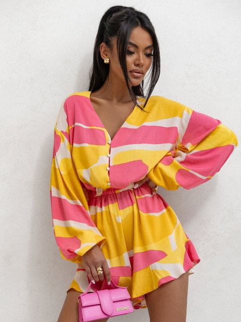 bebe Abstract Print V-Neck Button Front Balloon Sleeve Playsuit