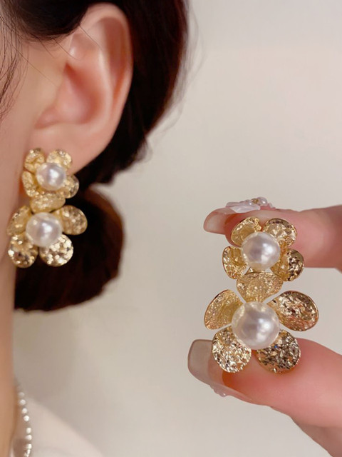 Anouk Gold Plated Pearls Beaded Floral Shaped Korean Drop Earrings