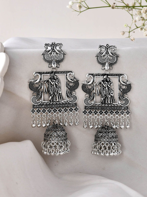 Sangria Stainless Steel Silver Plated Ghungroo Beaded Oxidised Dome shaped Jhumkas