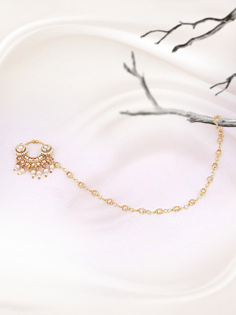 Adwitiya Collection Gold-Plated Kundan Studded Beaded Chained Nose Ring